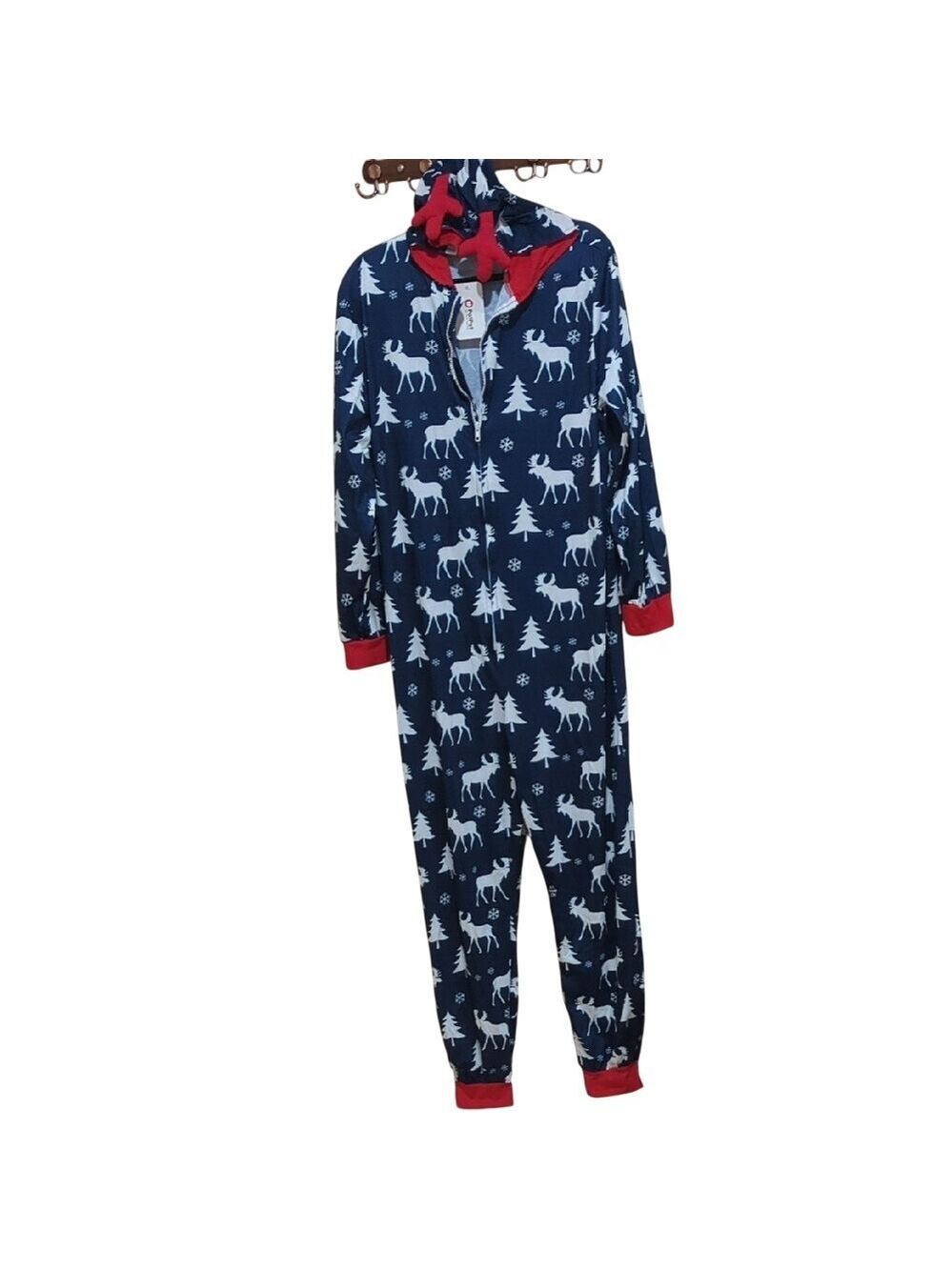 PatPat Men's Large Blue Reindeer Christmas Pajama Onesie Hooded